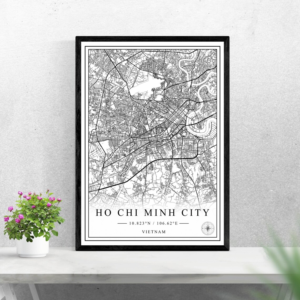 Ho Chi Minh City Black and White Map Vietnam Travel Art Poster