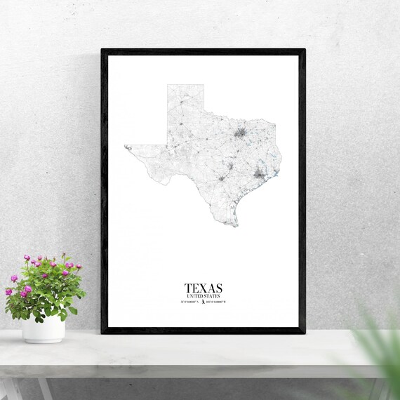 Texas State Road Map Minimalist White Poster with Coordinates Art