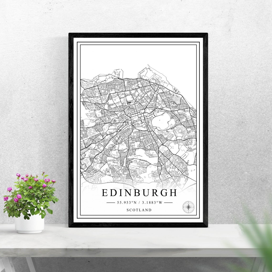 Edinburgh Scotland Black and White City Map Coordinates Poster