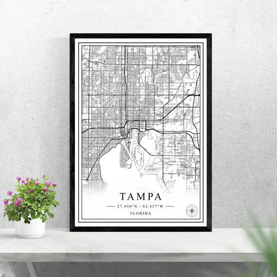 Tampa Florida Black and White City Map Travel Poster Wall Decor