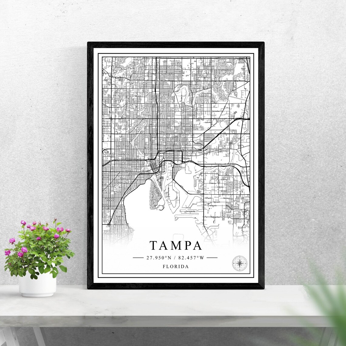Tampa Florida Black and White City Map Travel Poster Wall Decor