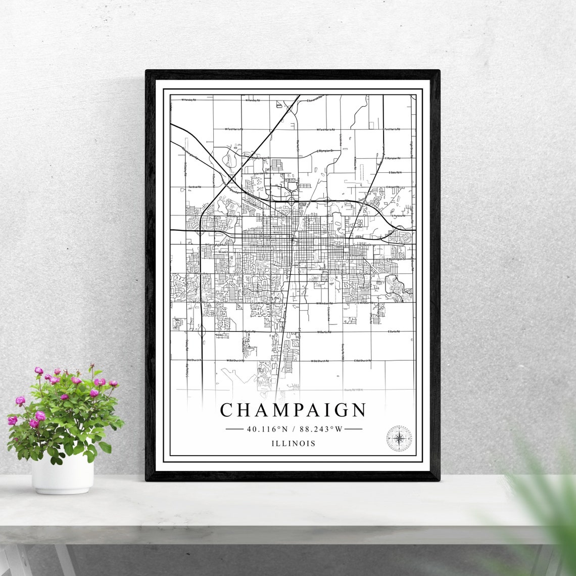 Champaign Illinois Minimalist Black And White City Map Poster