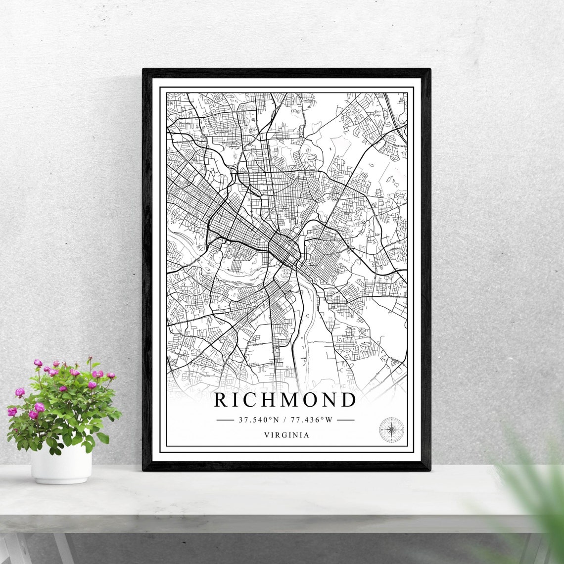 Richmond Virginia Black And White Minimalist Street Map Wall Art