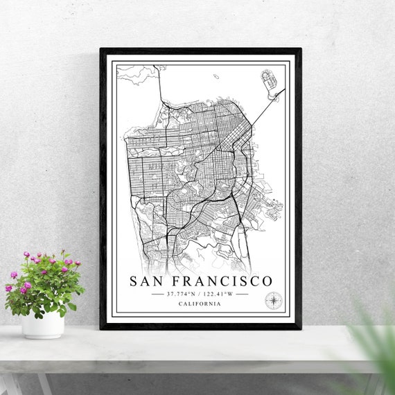 San Francisco City Map, Black and White Art Print