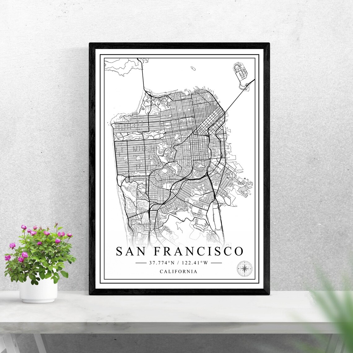 San Francisco City Map, Black and White Art Print