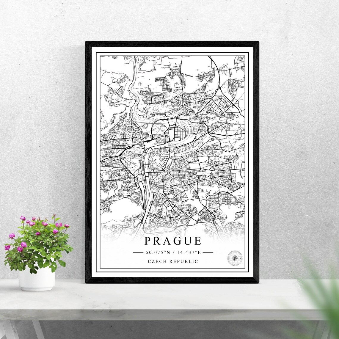 Prague Black and White City Map Art Poster with Street Details