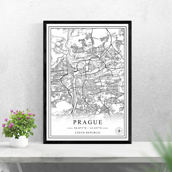 Prague Black and White City Map Art Poster with Street Details