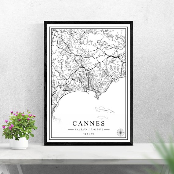 Cannes France Coastal City Map Black White Line Artwork Poster