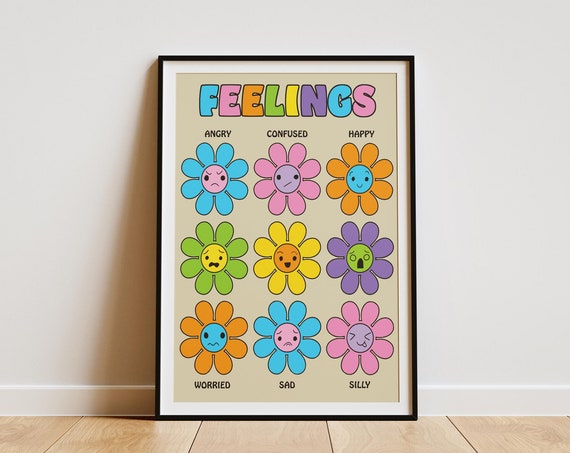 Feelings Poster Emotions Kids Print Brightly Coloured Nursery Print Kids Positive Poster Rainbow Playroom Art Multicoloured Kids Bedroom