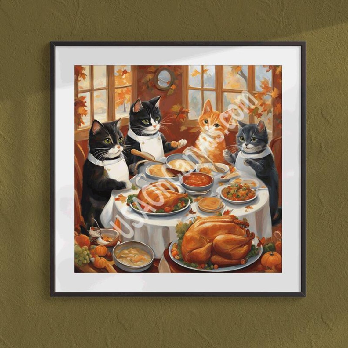 Four Cats in Chef Attire Enjoying a Thanksgiving Feast Poster