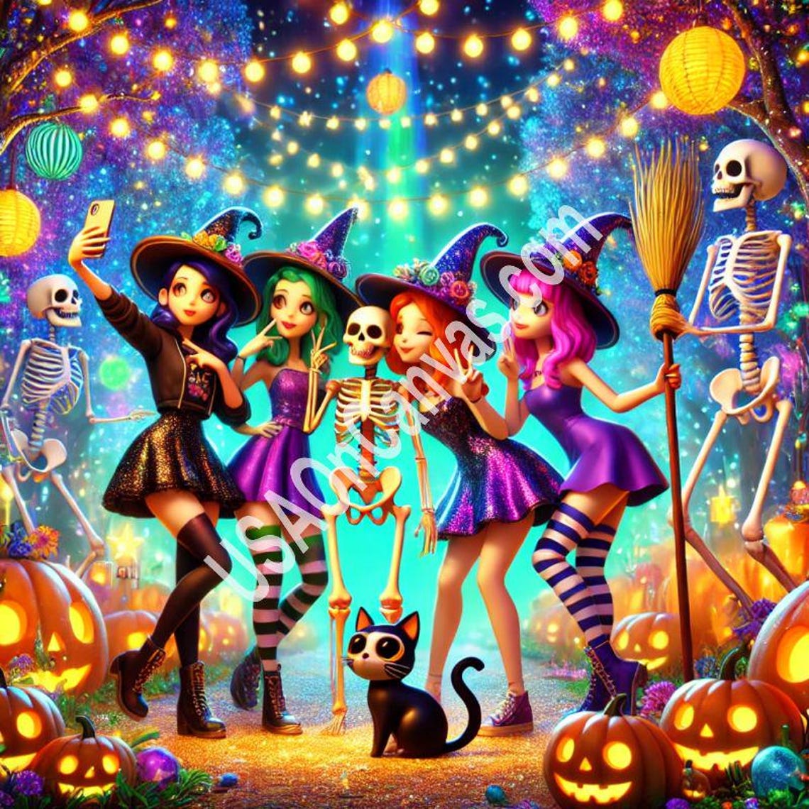 A Whimsical Scene Featuring A Group Of Stylish Witches Taking A Selfie In A Glowing Forest Prints Wall Decor Art Prints