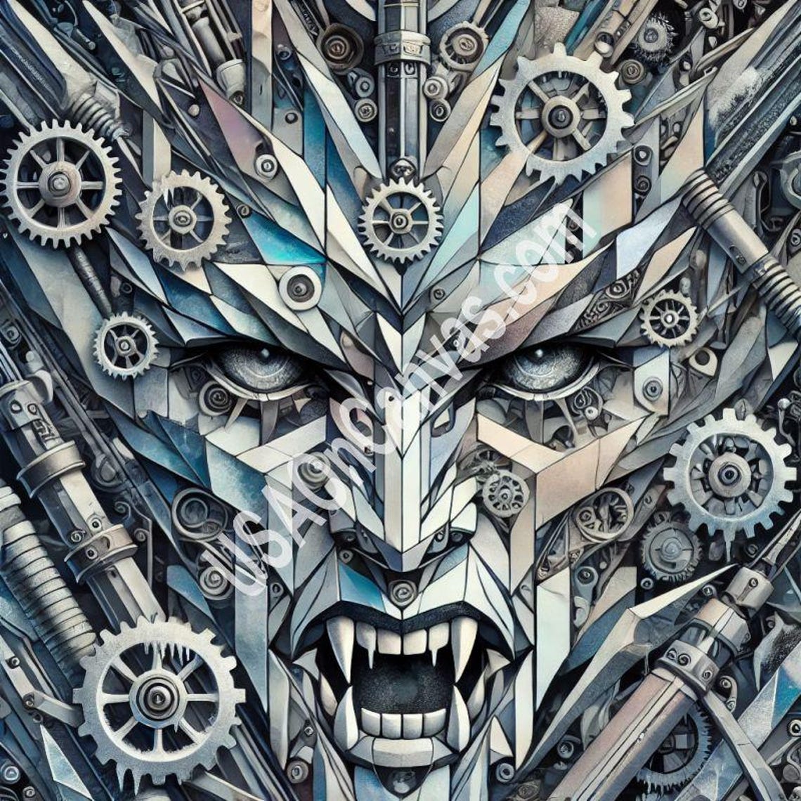 Silver Steampunk Gear Vampire Face in Cool Metallic Blue Poster