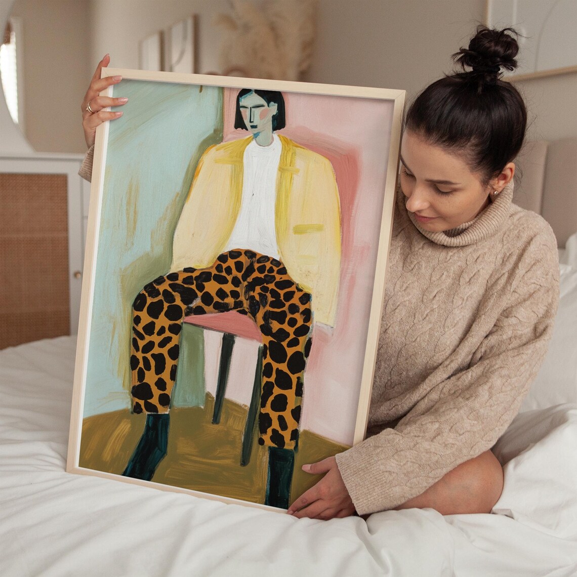 Seated Woman in Leopard Pants Yellow Jacket Fashion Art Poster
