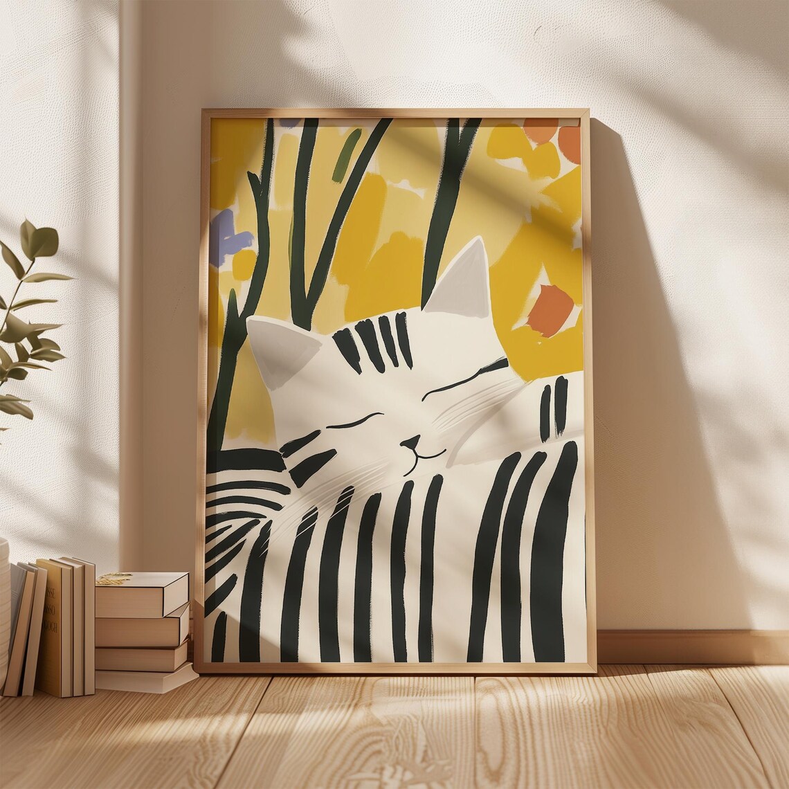 Minimalist Striped Sleeping Cat White Yellow Modern Art Poster - Image 4