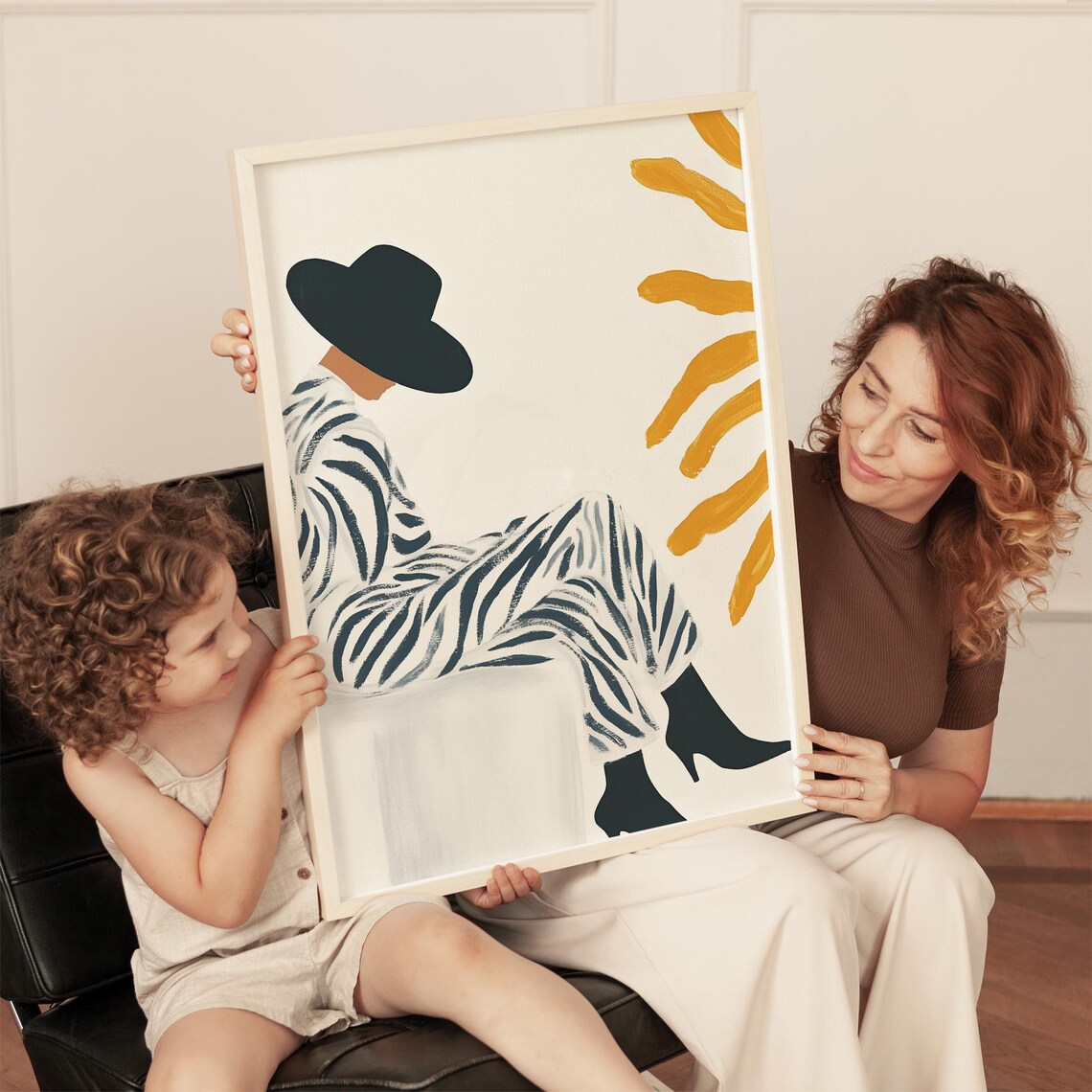 Zebra Jumpsuit Woman with Hat and Golden Sun Modern Abstract Poster - Image 2