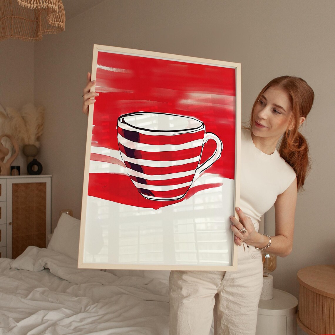 Red Striped Coffee Cup, Minimalist Abstract Art - Image 5