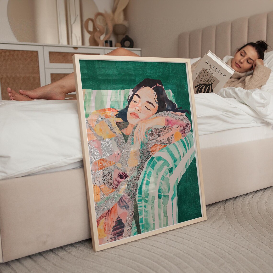 Dreamy Portrait Woman on Chair, Boho Abstract Art - Image 3