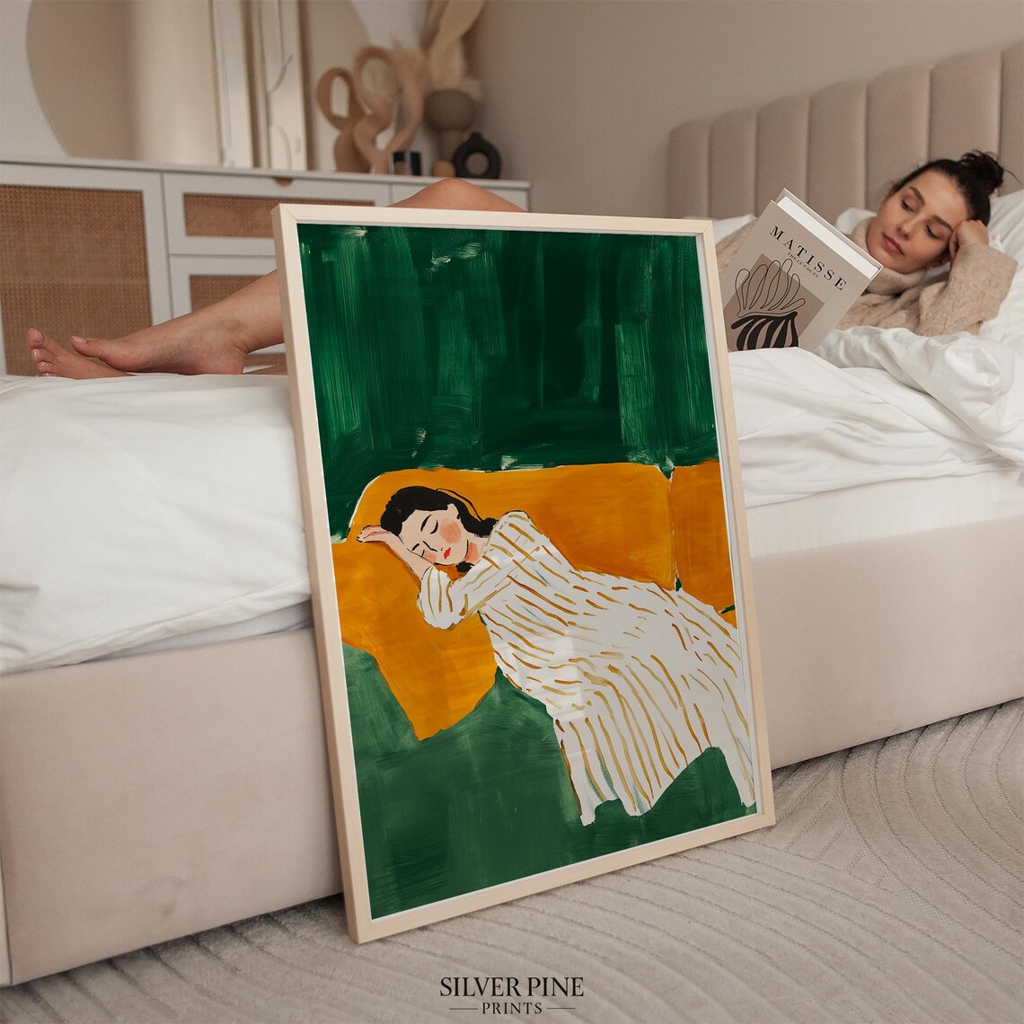 Sleeping Woman on Orange Couch Against Emerald Green Wall Poster - Image 5