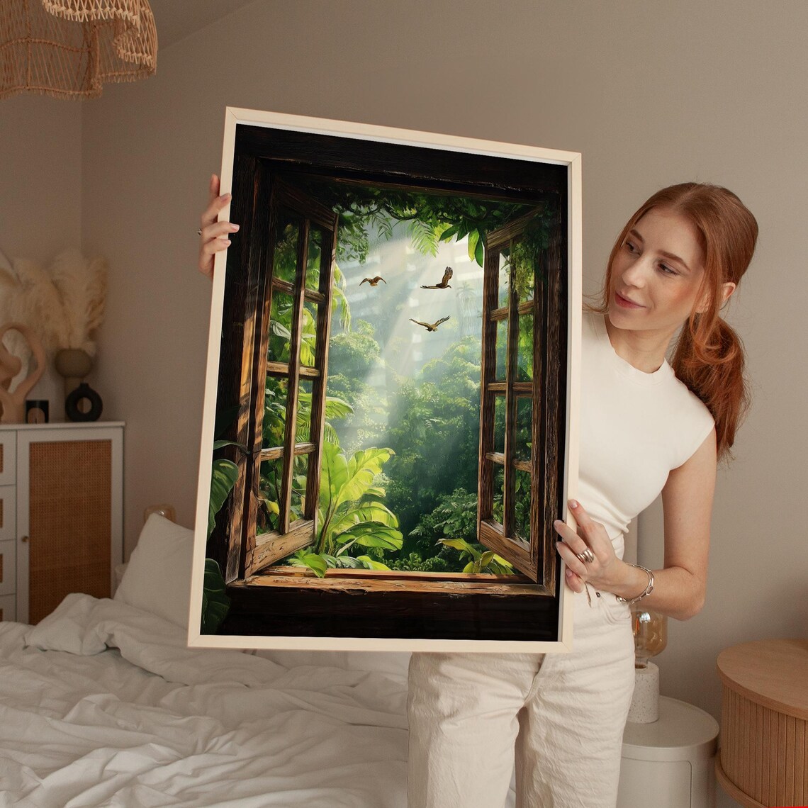 Tropical Jungle Window View Art Print, Boho Botanical