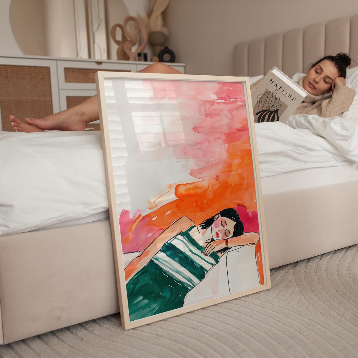 Sleeping Woman Watercolor Fashion Illustration Pink Orange Wall Art Green Striped Dress Calm Pose Colorful Bedroom Girl Poster - Image 2