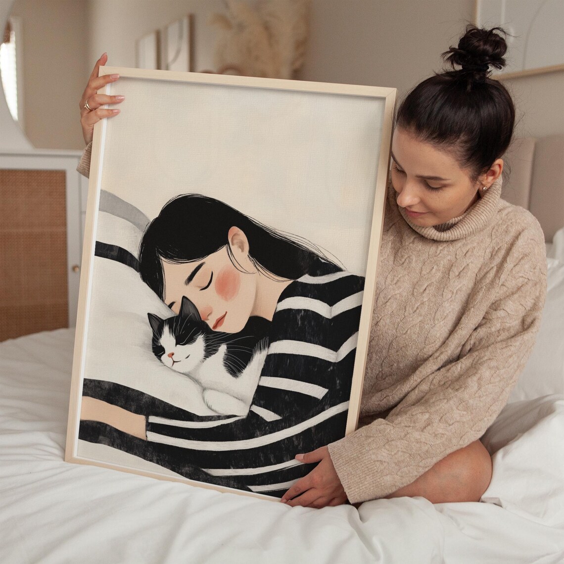 Sleeping Woman Cuddling Black and White Cat Cozy Minimalist Wall Art - Image 3