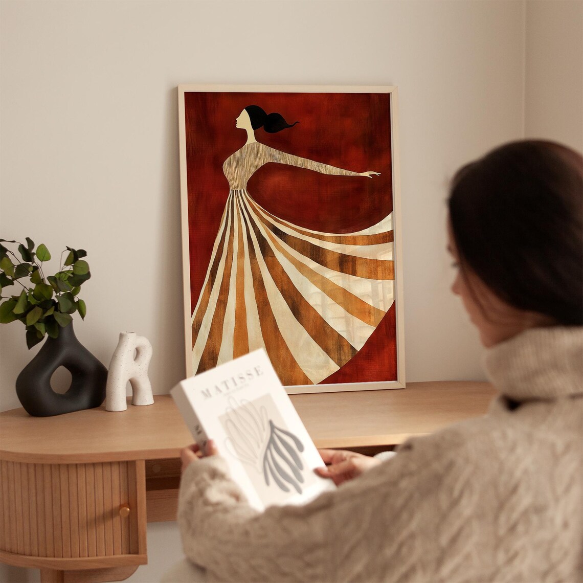 Spinning Dancer in Striped Gown Against Deep Red Backdrop Poster - Image 4