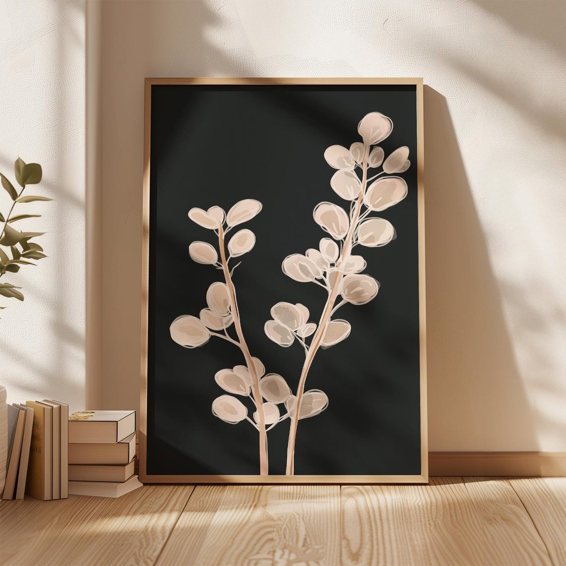 Eucalyptus Branch Beige Leaves Dark Background Botanical Poster