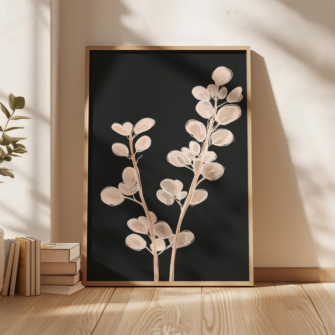 Minimal Botanical Wall Art Beige Eucalyptus Print Dark Background Modern Plant Poster Scandinavian Decor Neutral Nature