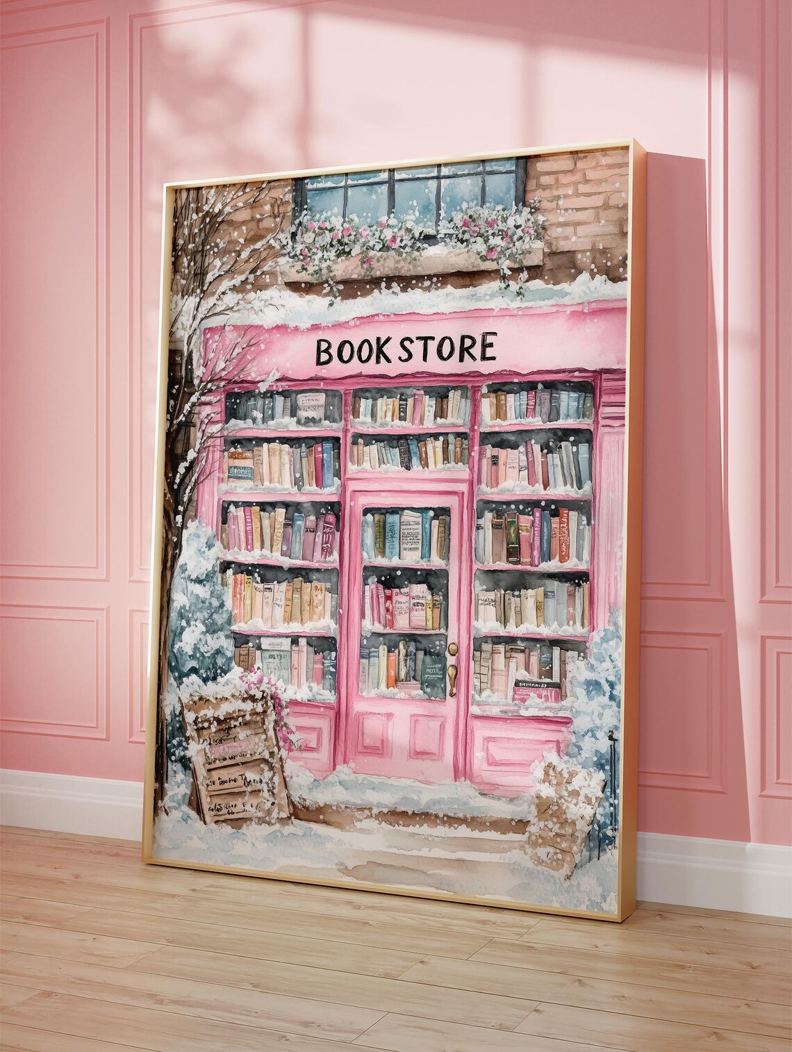 Snowy Pink Bookstore Cozy Winter Decor Art Print - Image 3