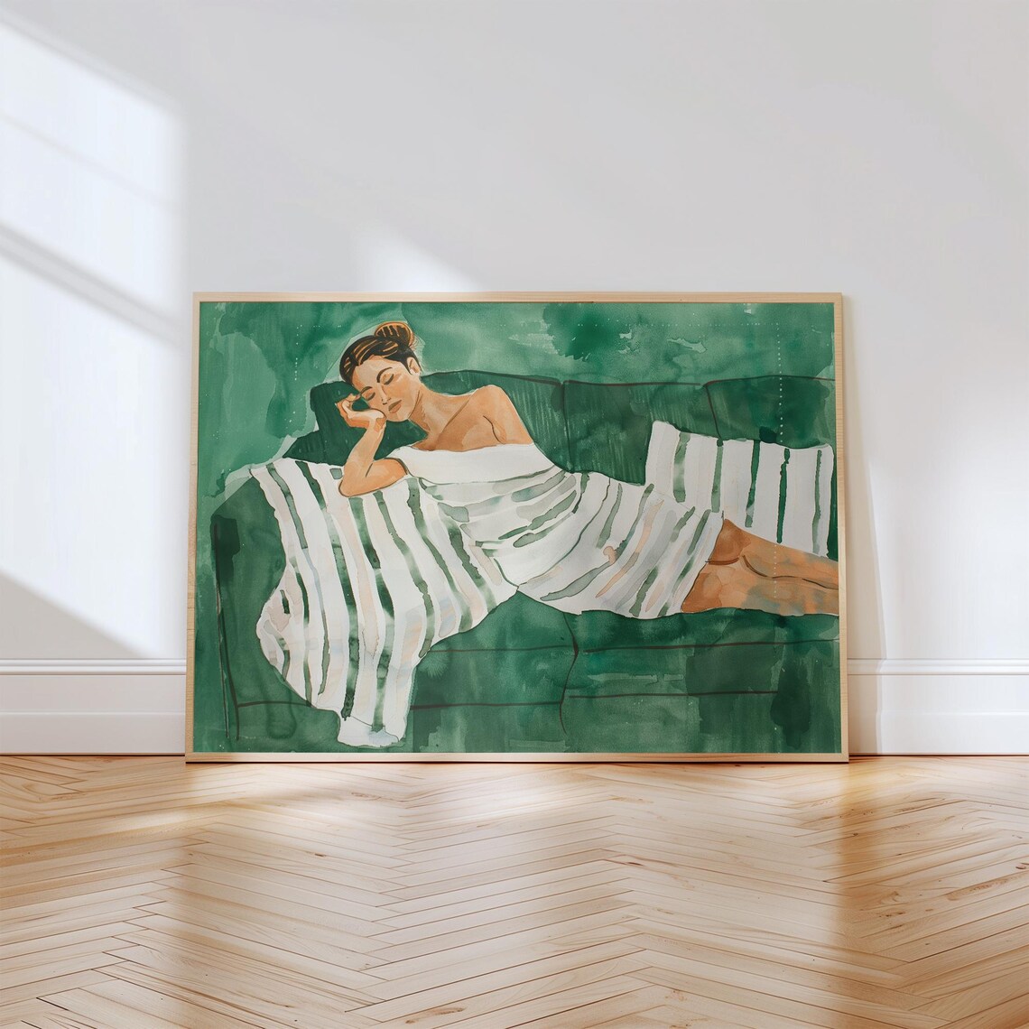 Woman Lounging on Emerald Green Sofa Striped Throw Watercolor Poster