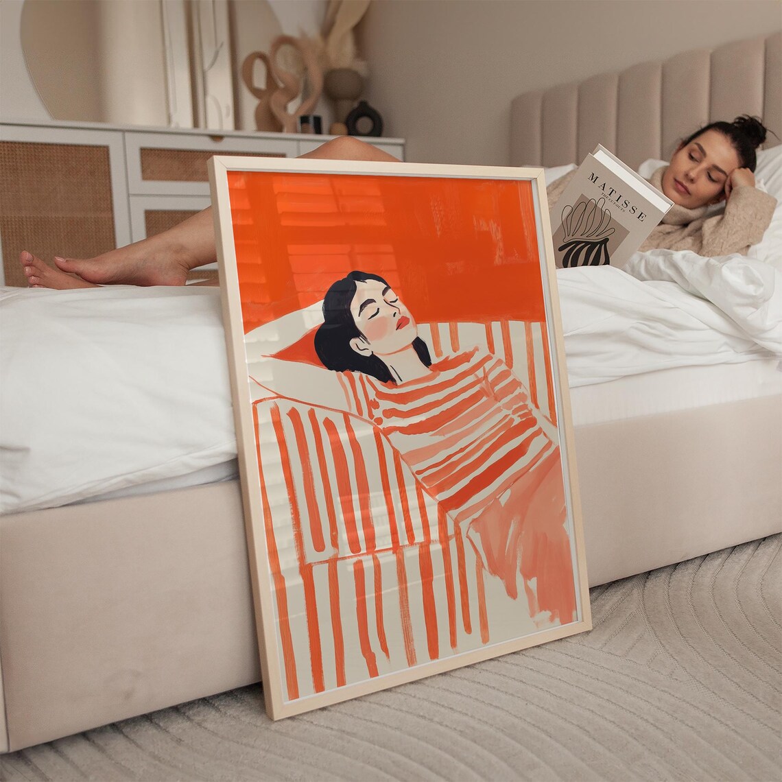 Reclining Woman in Orange Stripes Bold Modern Abstract Poster - Image 2