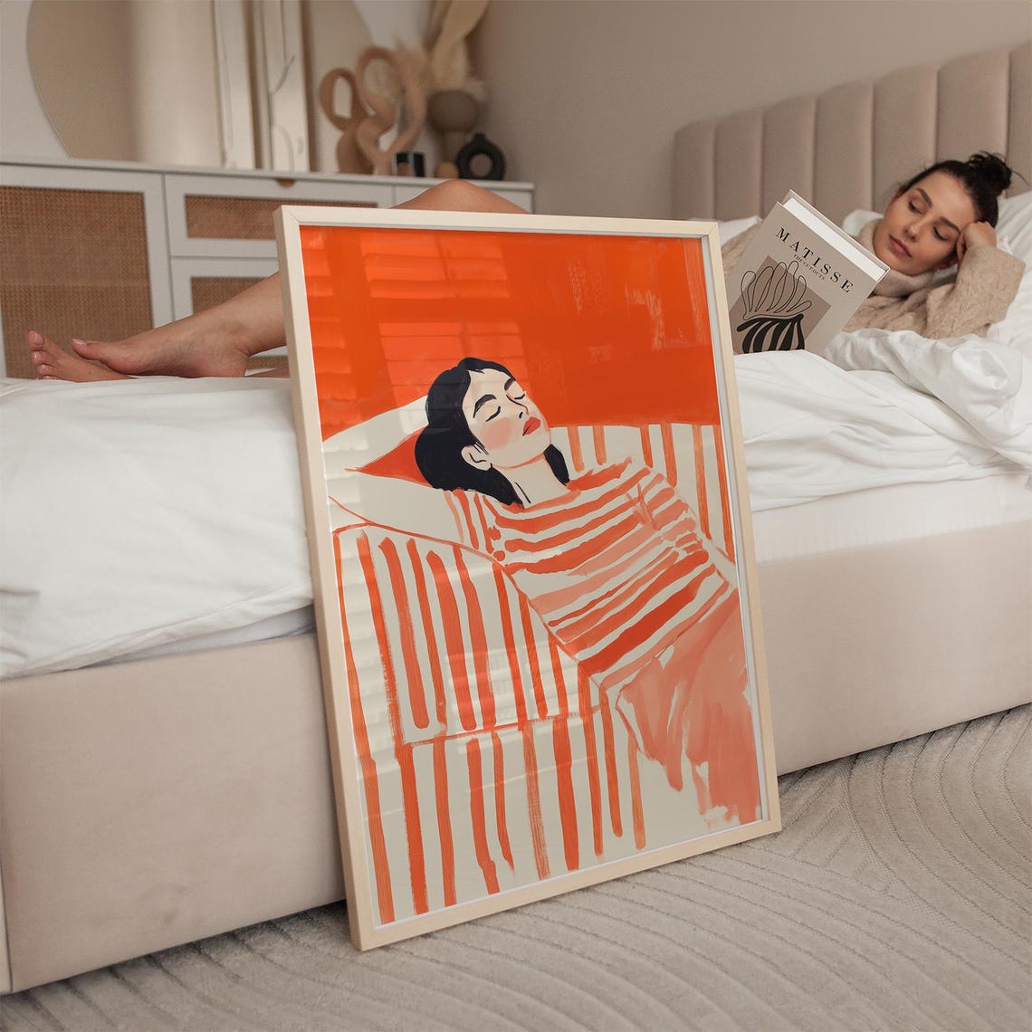 Relaxing Woman Wall Art Bold Orange And White Abstract Print Minimalist Striped Design Modern Home Decor Illustration - Image 2