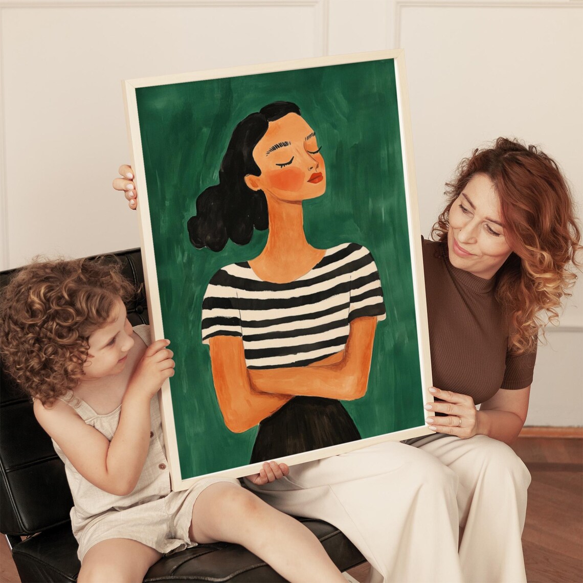 Confident Woman in Striped Shirt Emerald Green Portrait Poster - Image 4