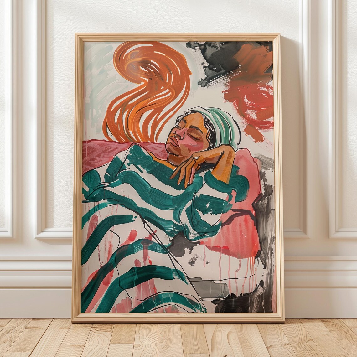 Abstract Sleeping Woman, Bold Striped Dress Portrait