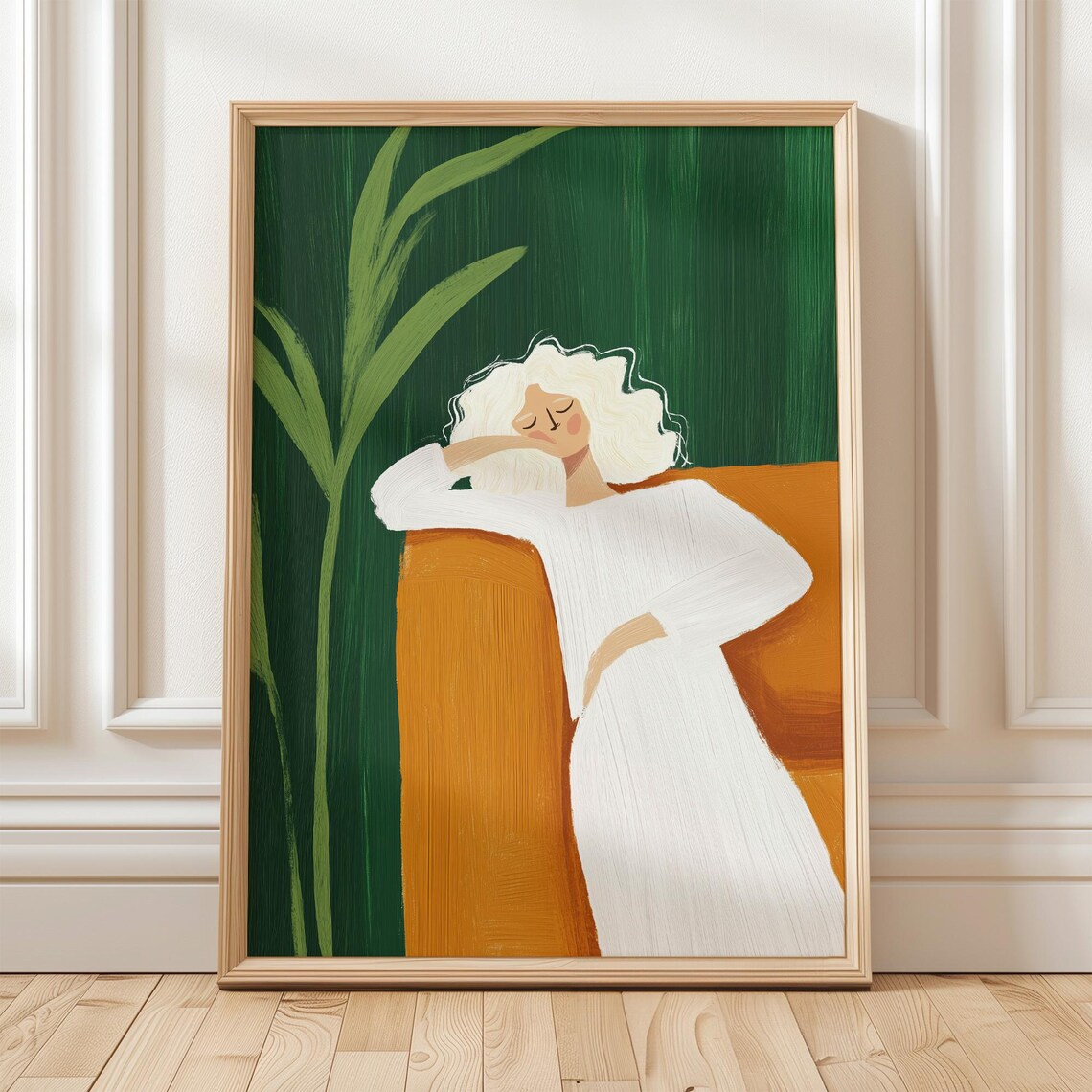 White-Haired Woman Resting in White Dress Modern Minimalist Poster