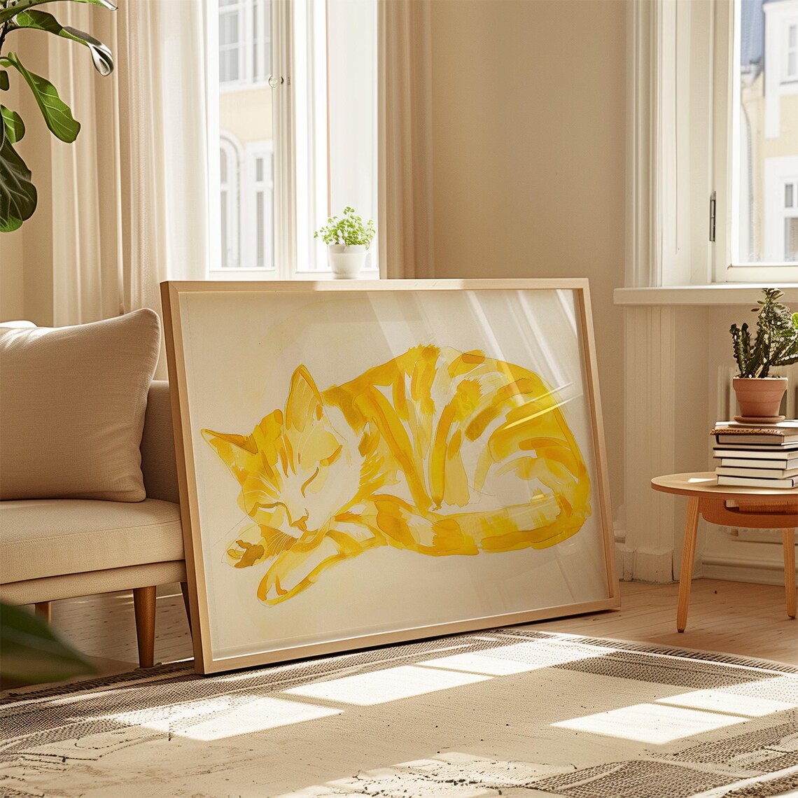 Sleeping Golden Yellow Watercolor Tabby Cat Curled Up Cozy Poster - Image 4