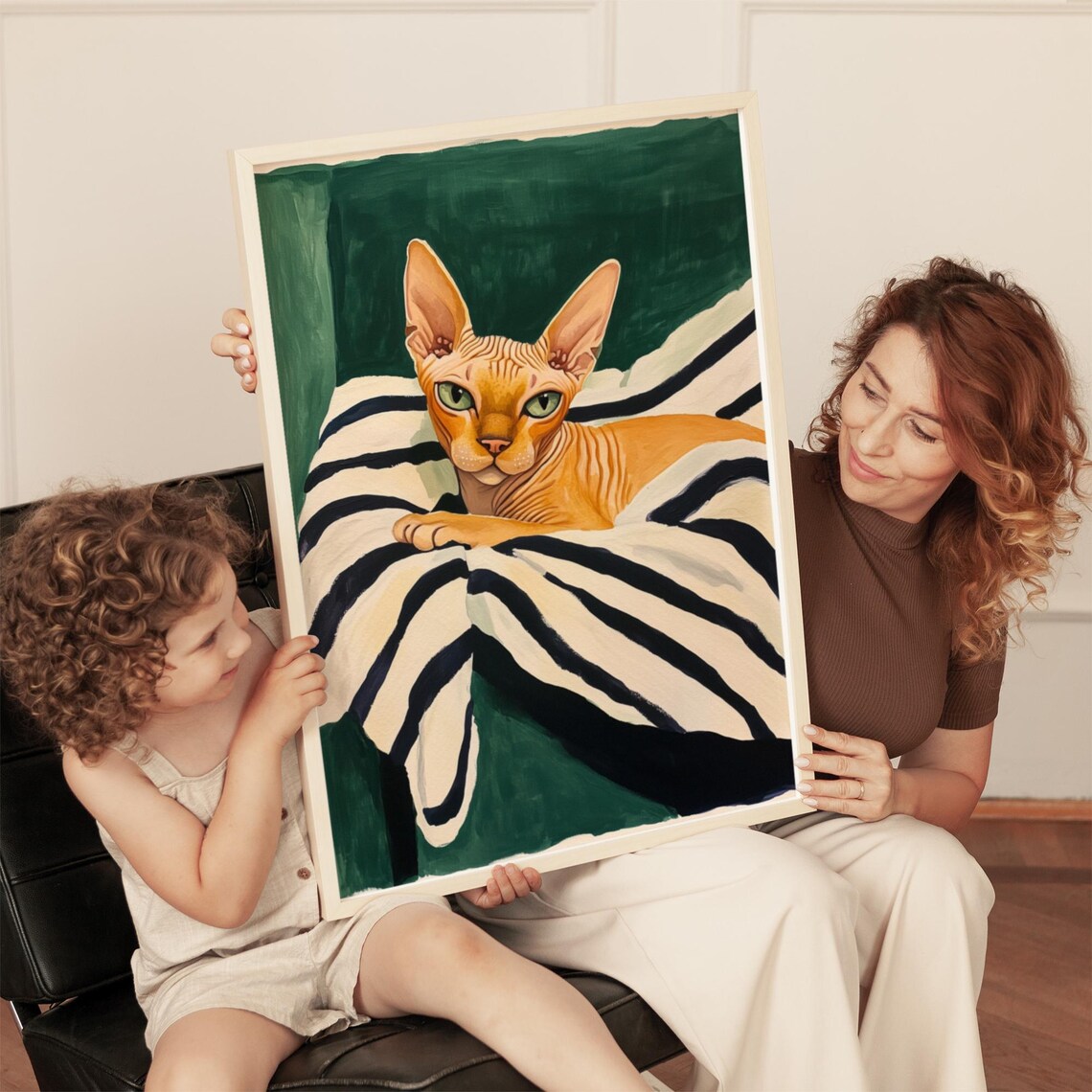 Sphynx Cat Portrait On Striped Blanket Emerald Green Art Poster - Image 4