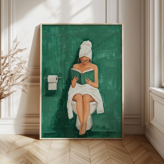 Woman with Towel on Head Reading on Toilet Funny Green Poster