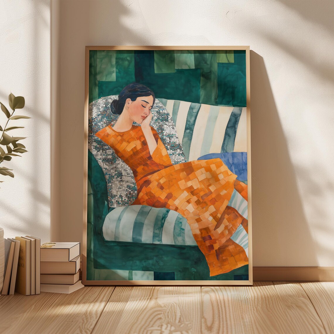 Sleeping Woman Orange Mosaic Blanket Peaceful Green Art Poster - Image 5