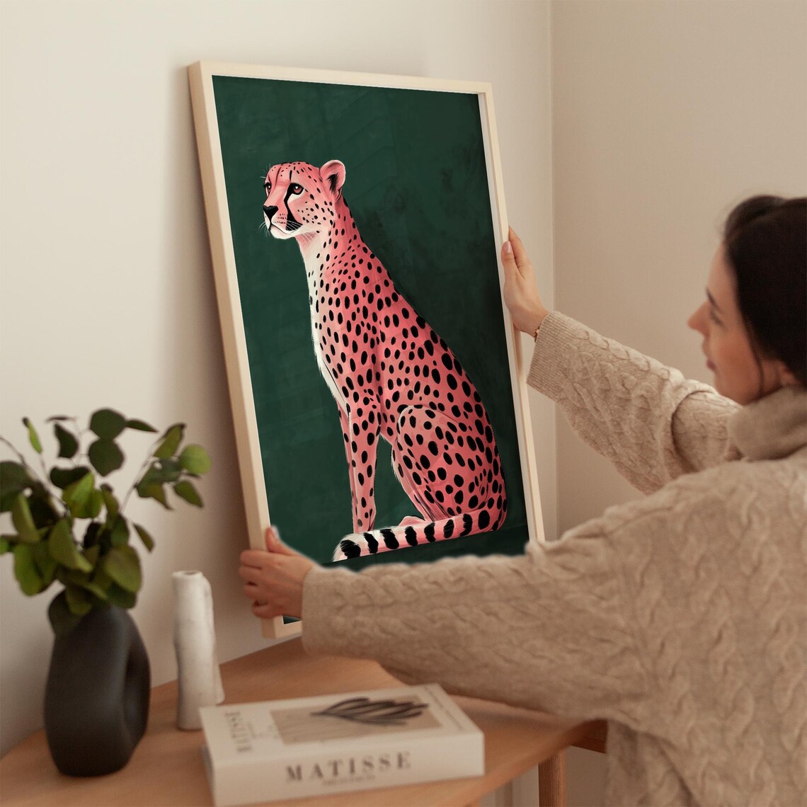 Bold Pink Coral Cheetah on Emerald Green Maximalist Art Poster - Image 4