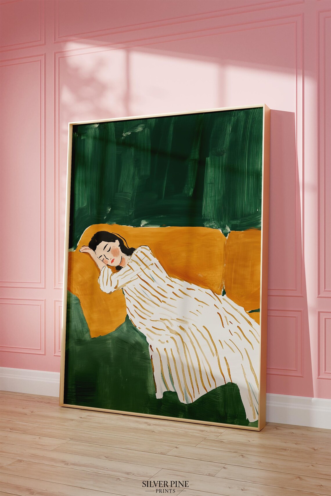 Sleeping Woman on Orange Couch Against Emerald Green Wall Poster - Image 4