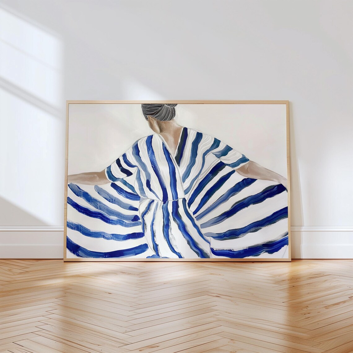Elegant Striped Dress Art Print, Minimalist Woman