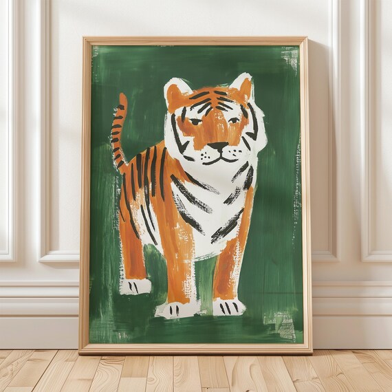 Standing Tiger on Deep Green Folk Art Style Modern Wildlife Poster