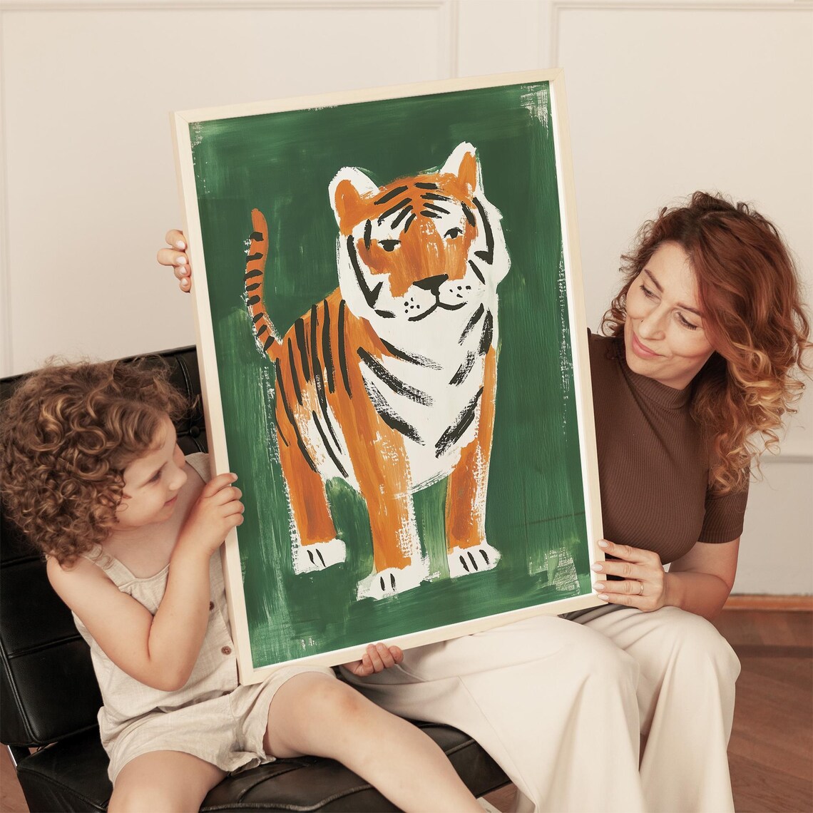 Standing Tiger on Deep Green Folk Art Style Modern Wildlife Poster - Image 2