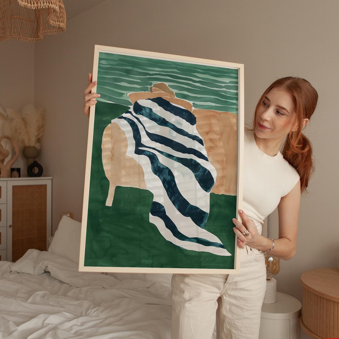 Relaxing Figure Draped in Striped Blanket Seaside Green Watercolor Poster - Image 3