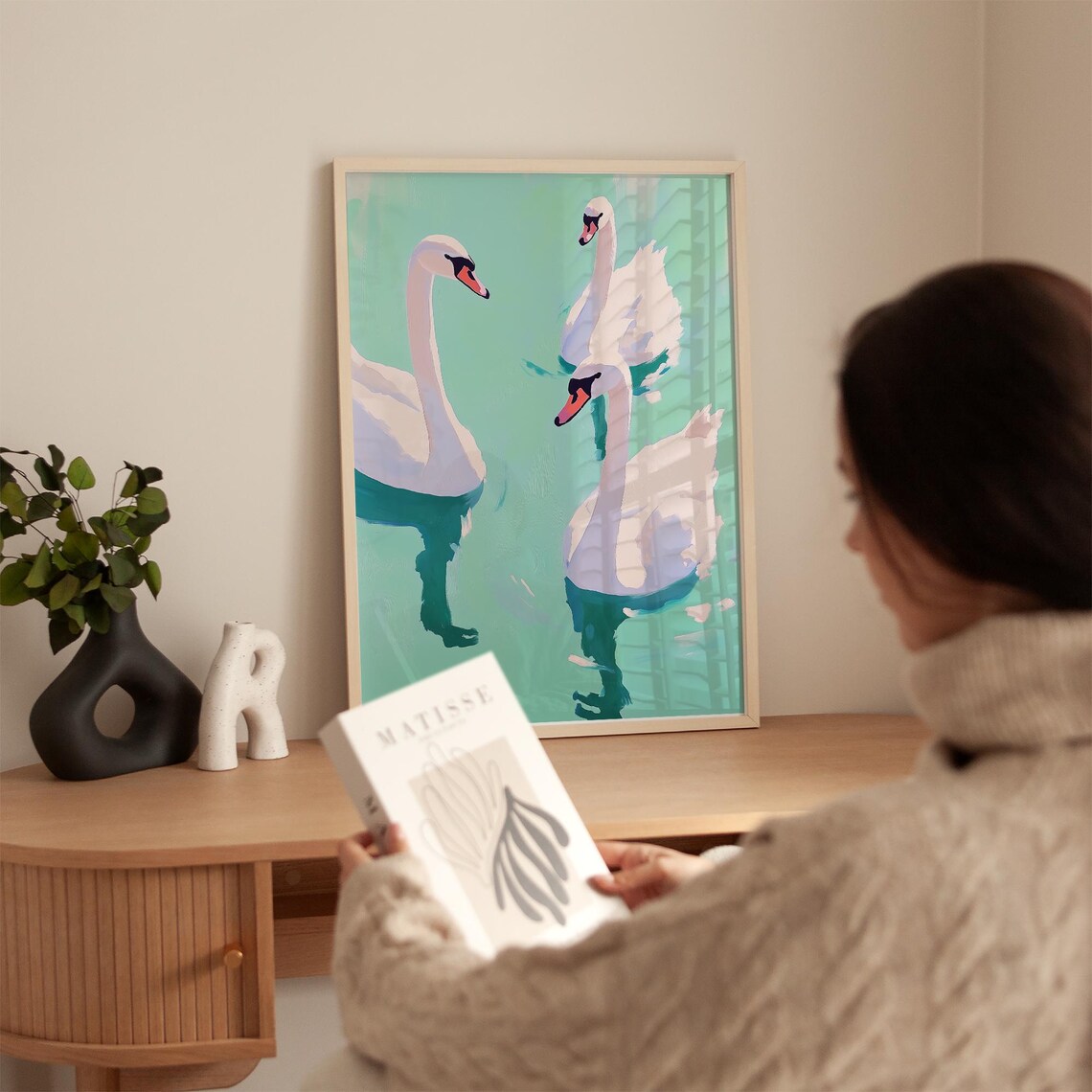 Swan Trio Art Print, Minimalist Modern Water Scene - Image 2