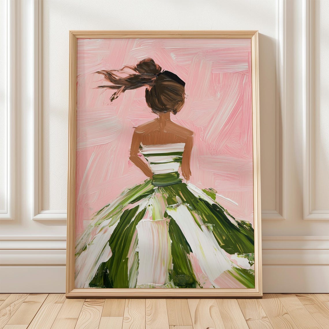 Elegant Woman in Pink and Green Dress, Modern Art Print
