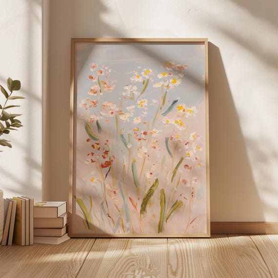 Soft Pastel Floral Wall Art Minimal Botanical Abstract Print Beige Pink Flower Painting Modern Nature Artwork For Bedroom Decor