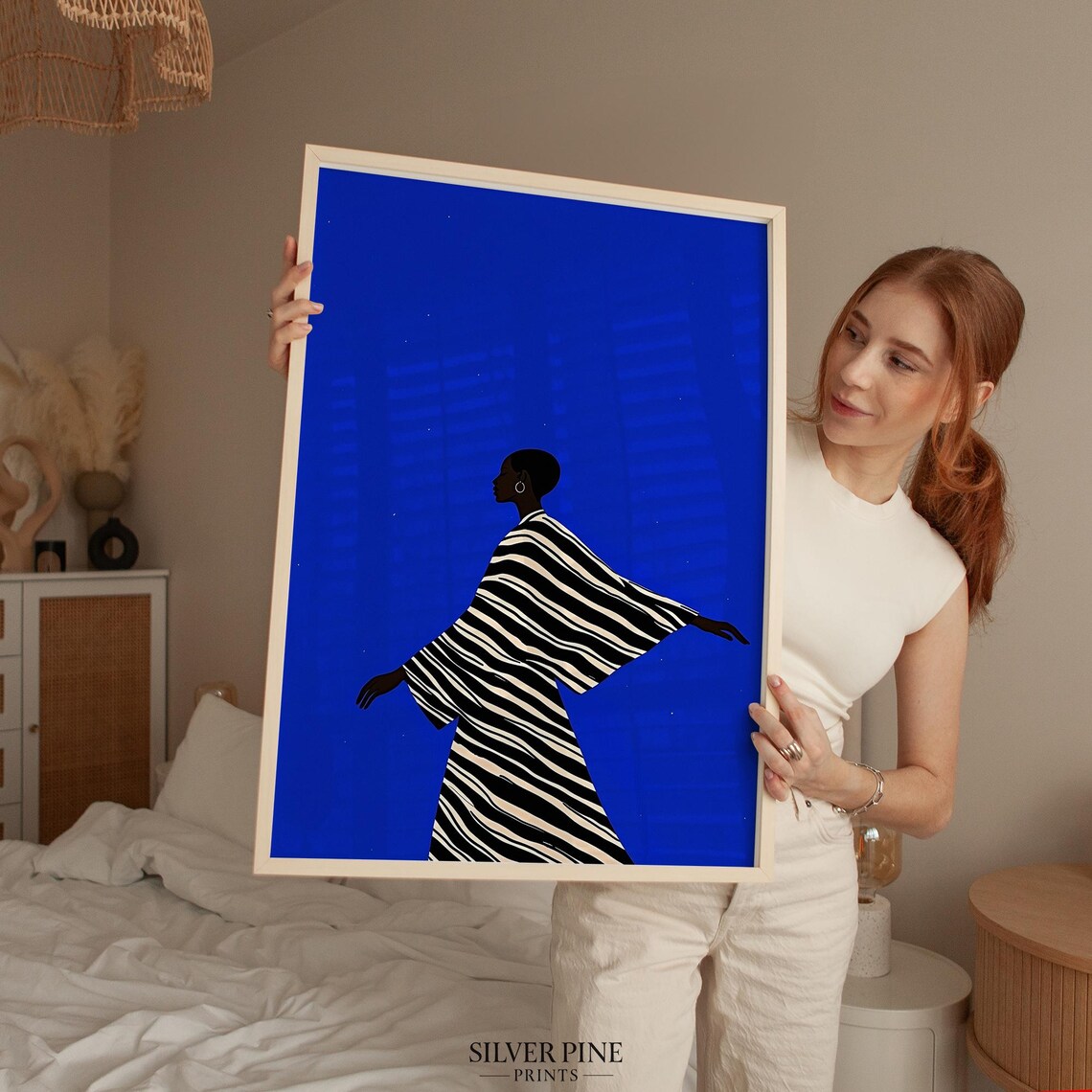 Silhouette Woman in Striped Kaftan on Cobalt Blue Starry Night Poster - Image 2