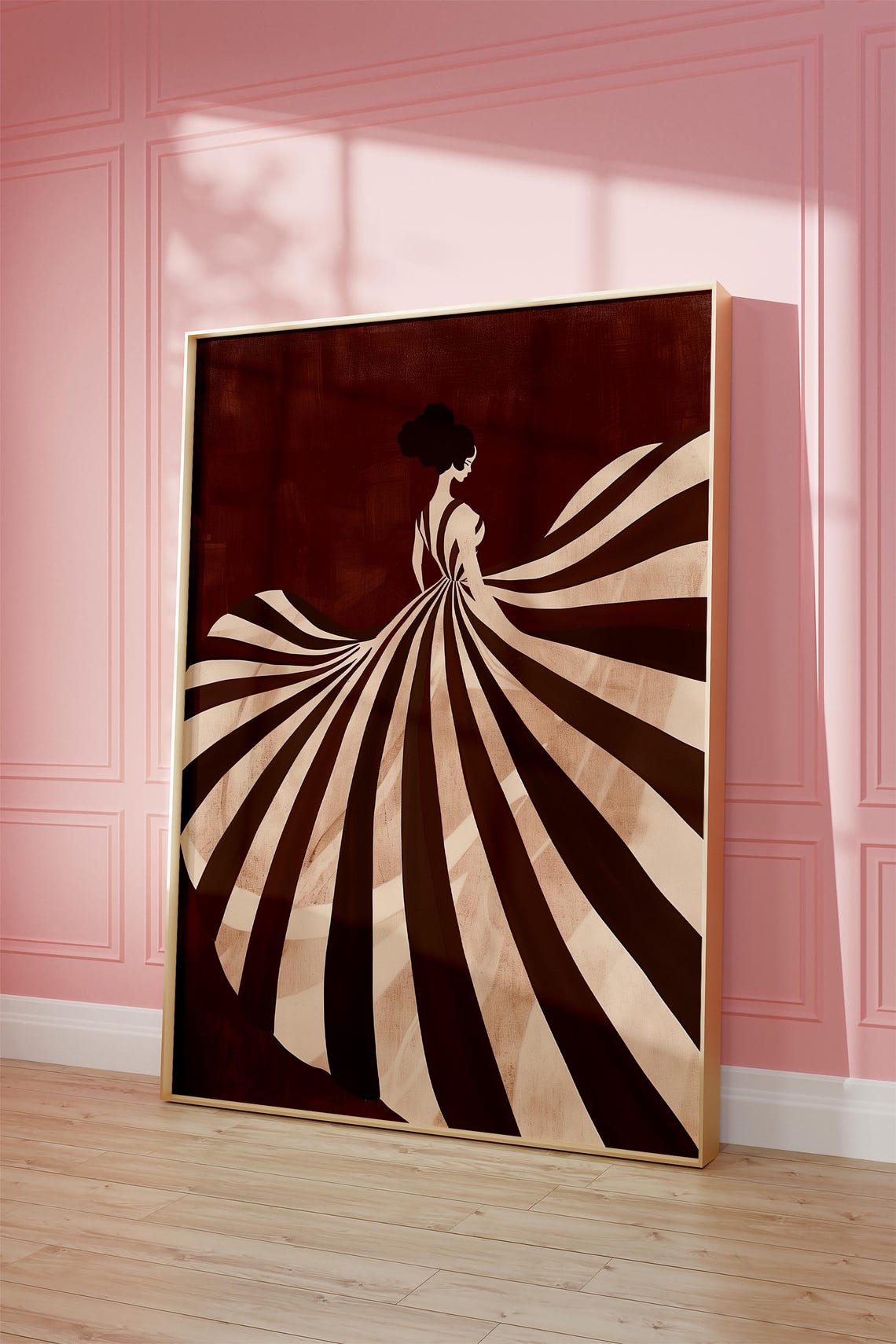 Elegant Striped Dress Artwork Brown And Beige Abstract Print Modern Minimalist Wall Art For Home Decor - Image 2